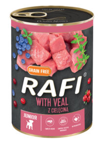 RAFI Junior kutya pástétom borjú, vörös- és kék áfonyával konzerv 400g
