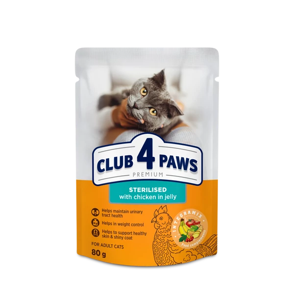 CLUB 4 PAWS Premium Sterilizált Macskáknak Csirke Zselében Nedves Macskaeledel 80 g