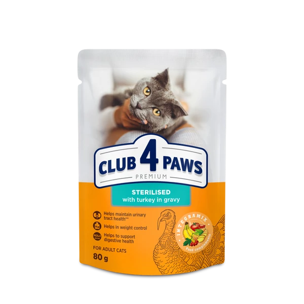 CLUB 4 PAWS Premium Sterilizált Macskáknak Pulyka Szószban Nedves Macskaeledel 80 g