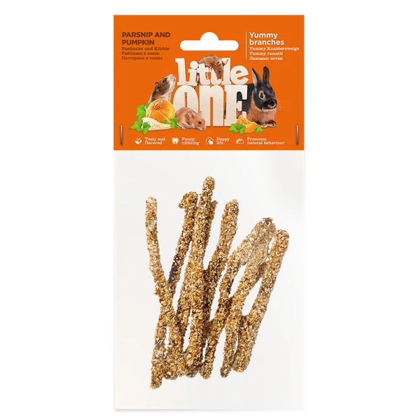 Little One Yummy ágacskák paszternákkal és sütőtökkel. Rágcsálnivaló minden kisemlős számára, 35 g
