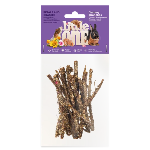 Little One Yummy ágacskák szirmokkal és fűszernövényekkel. Snack minden kisemlős számára, 35 g