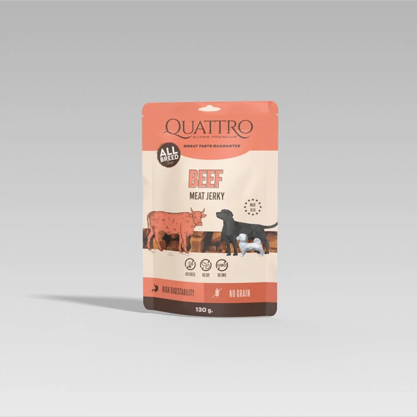 QUATTRO Meat Jerky Jutalomfalat Felnőtt Kutyáknak - Marhahús Filék 130 g