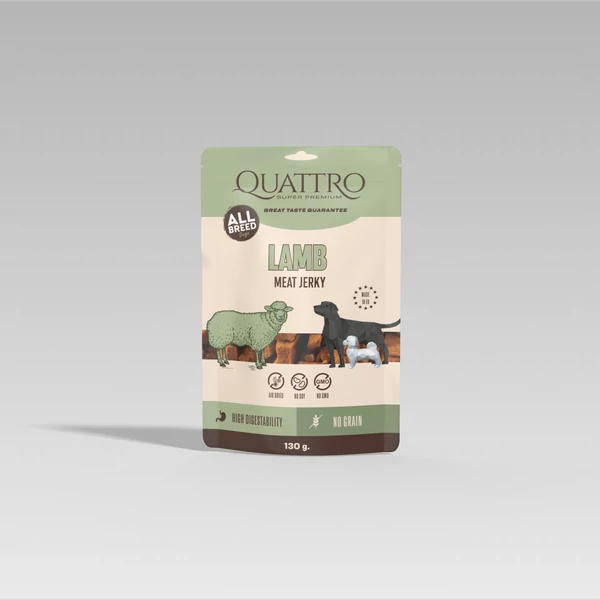 QUATTRO Meat Jerky Jutalomfalat Felnőtt Kutyáknak - Bárányprotein Szelet 130 g