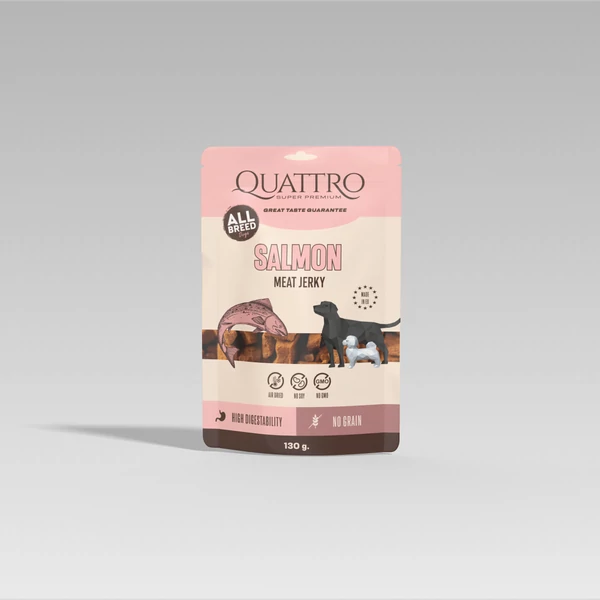 QUATTRO Meat Jerky Jutalomfalat Felnőtt Kutyáknak - Lazacprotein Szelet 130 g