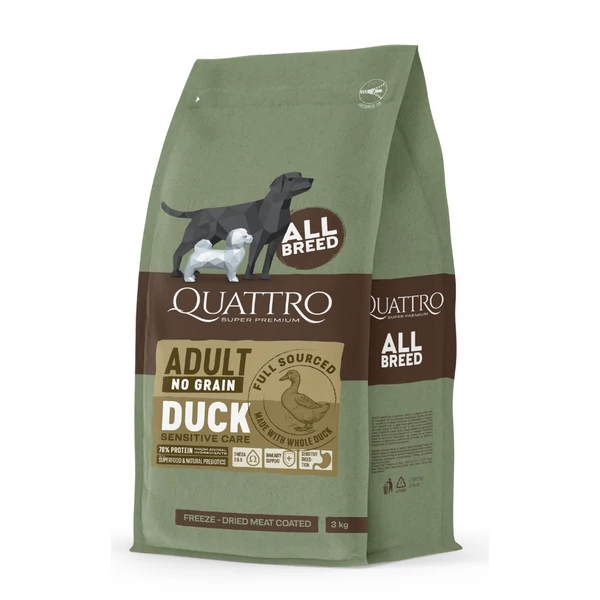 QUATTRO grain-free feed for all breeds of adult dogs with duck kutyatáp 12 kg