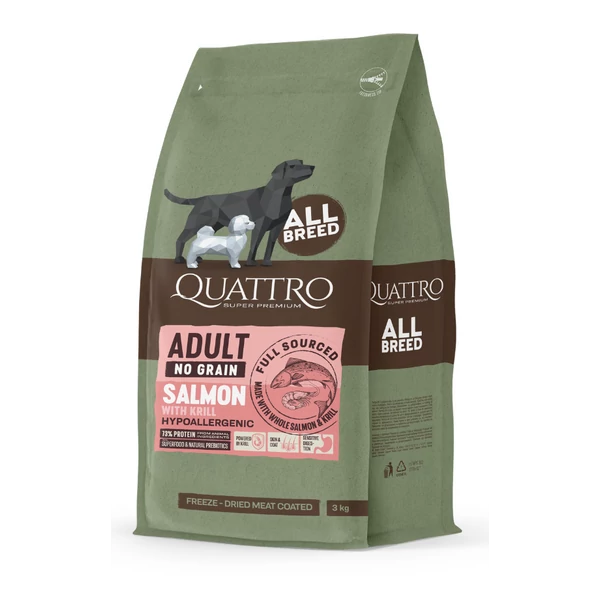 QUATTRO grain-free feed for all breeds of adult dogs with salmon and krill kutyatáp 12 kg