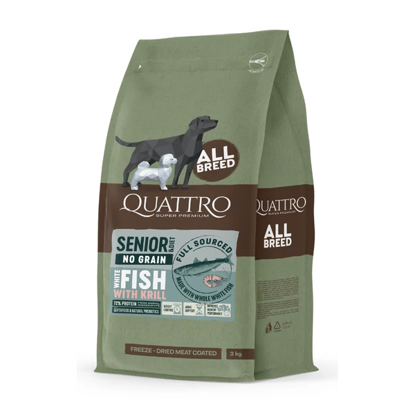 QUATTRO grain-free all breed senior/diet dog food with white fish and krill kutyatáp 12kg