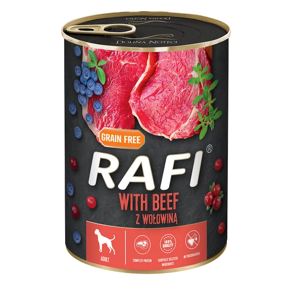 RAFI kutya pástétom marha, vörös- és kék áfonyával konzerv 400g