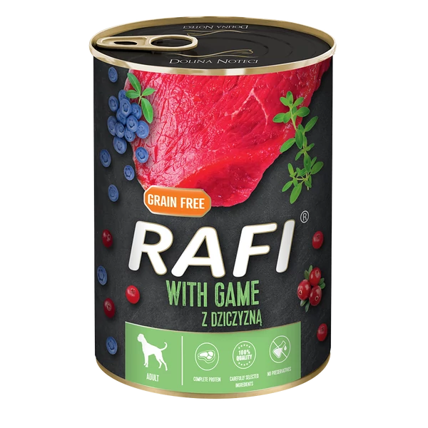 RAFI kutya pástétom vad, vörös- és kék áfonyával konzerv 400g