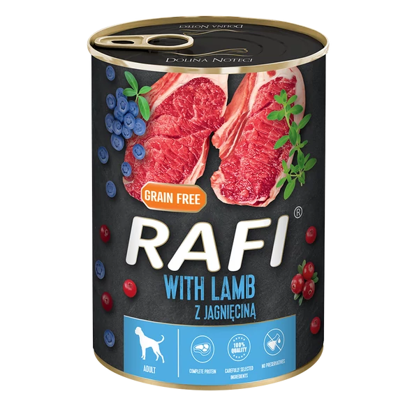 RAFI kutya pástétom bárány, vörös- és kék áfonyával konzerv 400g