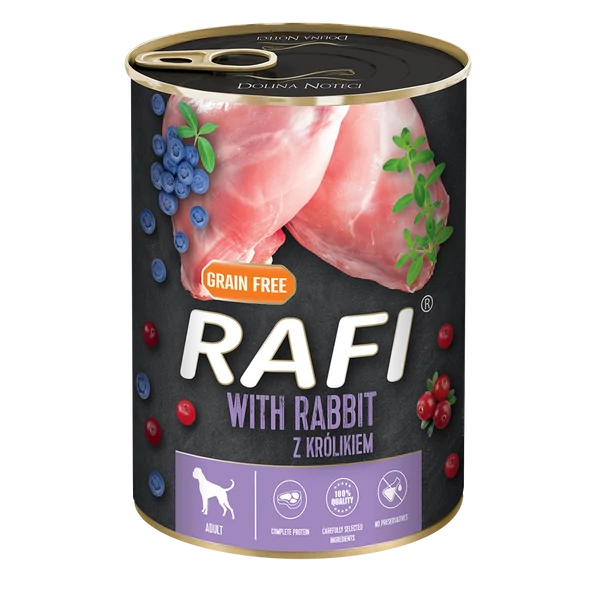 RAFI kutya pástétom nyúl, vörös- és kék áfonyával konzerv 400g