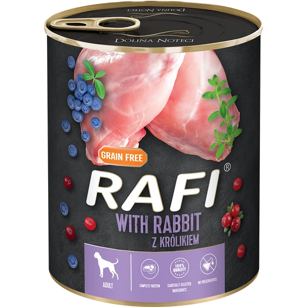 RAFI kutya pástétom nyúl, vörös- és kék áfonyával konzerv 800g
