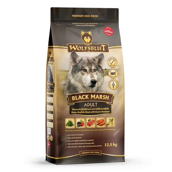 Wolfsblut Black Marsh Adult Vízibivaly Édesburgonyával száraz kutyatáp 12,5 kg